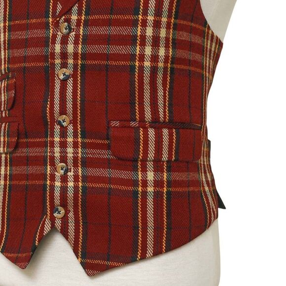 Mens Vest 44R Plaid Wool Burgundy Yellow Waistcoat Western Formal Wedding Party - Picture 6 of 9